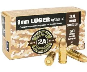 2A Patriot Sports 9mm Luger Ammunition P9MM124FMJ 124 Grain Full Metal Jacket 50 Rounds