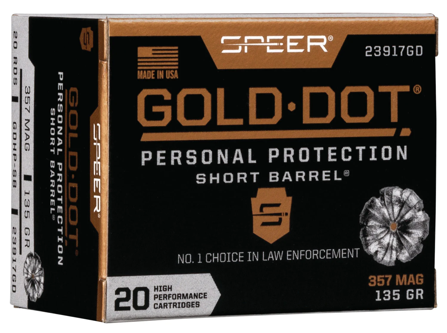 Speer 23917GD Gold Dot Personal Protection Short Barrel 357Mag 135gr Hollow Point 20 Per Box/10 Case