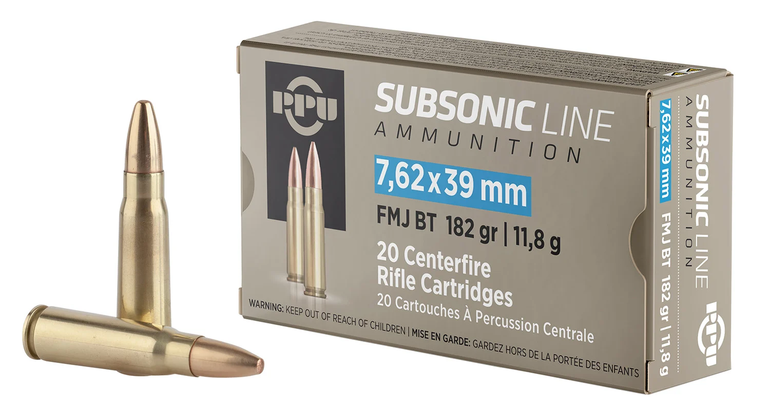 PPU PPS76239 Subsonic 7.62x39mm 182gr Full Metal Jacket Boat Tail 20 Per Box/50 Case