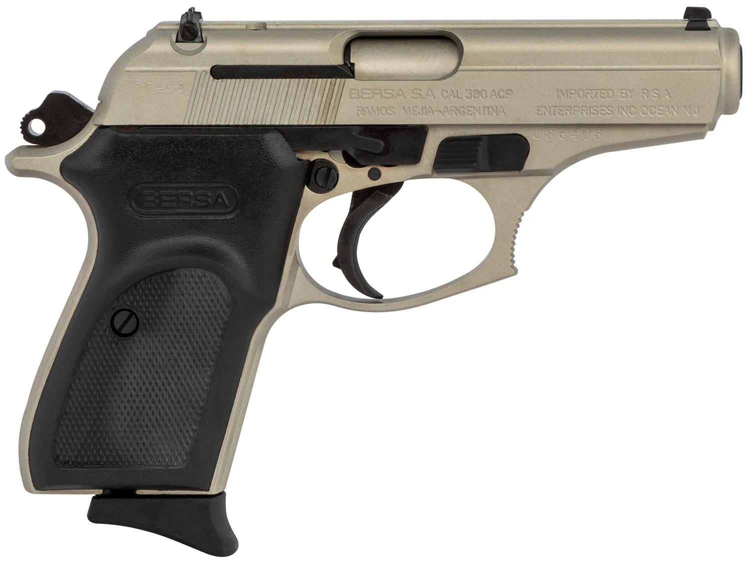 Bersa T380NKL8 Thunder Micro-Compact Frame 380 ACP 8+1, 3.50" Satin Nickel Steel Barrel, Serrated Steel Slide & Aluminum Frame
