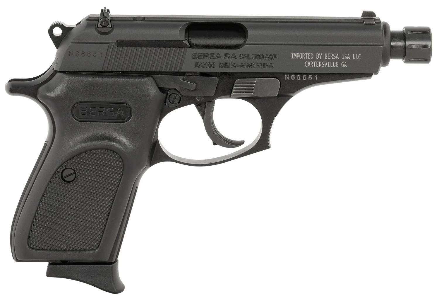 Bersa T380M8X Thunder Micro-Compact Frame 380 ACP 8+1 3.50" Black Steel Threaded Barrel, Matte Black Steel Serrated Slide, Matte Black Aluminum Frame, Black Rubber Grip, Right Hand