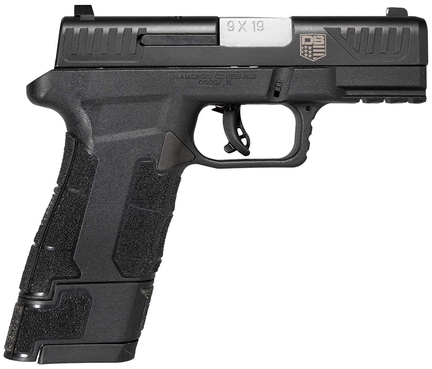 Diamondback DB0300P001 AM2 Sub-Compact Frame 9mm Luger 17+1, 3.50" Stainless Steel Barrel, Black Nitride Serrated Stainless Steel Slide, Black Polymer Frame w/Picatinny Rail & Polymer Grip