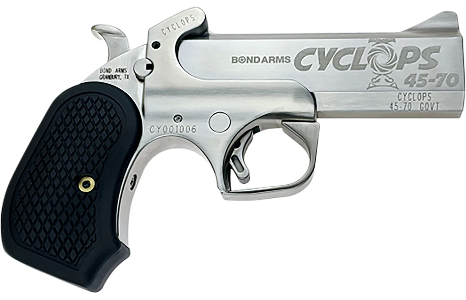 Bond Arms BACYP Cyclops Big Bore 45-70 Gov 1rd, 4.25" Stainless Steel w/Engraved Barrel, Matte Stainless Steel Frame, Black Extended B6 Resin Grip, Includes Holster
