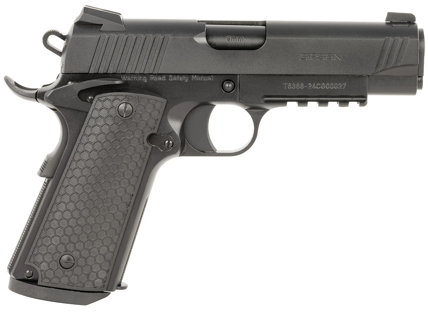Girsan 392075 MC1911 C Untouchable Compact Frame 9mm Luger 9+1 4.40" Black Steel Barrel, Black Serrated Steel Slide & Frame w/Beavertail & Picatinny Rail, Black Polymer Grip