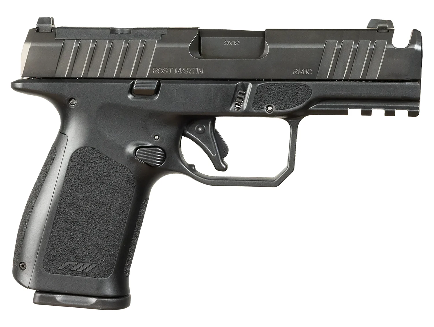 Rost Martin RM1CBLKOSP(COMP) RM1C 9mm Luger 17+1 4" Black Compensated Match Grade Barrel, Black Tenifer Optic Ready/Serrated Steel Slide, Black Polymer Frame w/Picatinny Rail, Textured Grip