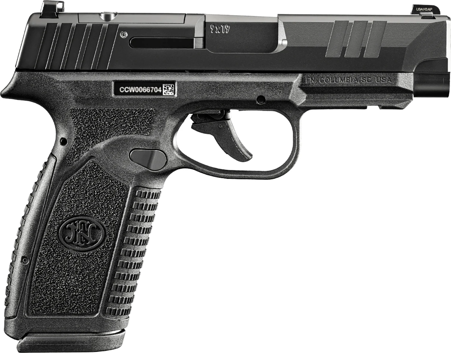 FN 66101759Micro-Compact Frame 9mm Luger 18+1 3.80" Black Target Crown Steel Barrel, Black PVD Optic Cut/Serrated Stainless Steel Slide & Polymer Frame w/Picatinny Rail, Interchangeable Backstrap Grip