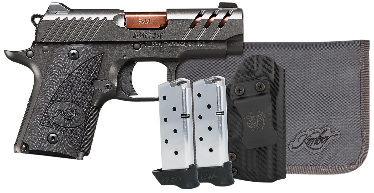 Kimber Mfg, Inc 3300254 Micro 9 Bundle 7+1 3.15" Rose Copper TiN Match Grade Barrel, KimPro II Gray Lightening Cut/Serrated Stainless Steel Slide, Kimpro II Gray Aluminum Frame, Black G10 Grip
