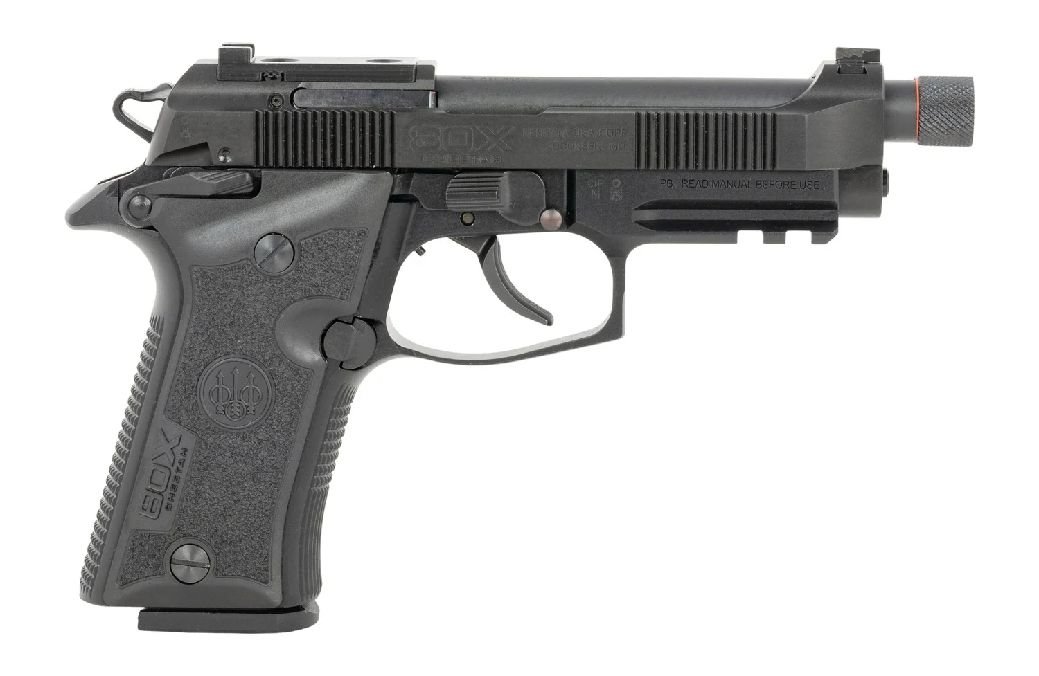 Langdon Tactical Tech 80X32BTJRE Beretta Cheetah 80X Micro-Compact 32 ACP 13+1 4.40" Black Threaded Barrel, Black Nitride Carbon Steel Optic Ready/Serrated Slide, Black Anodized Aluminum Frame w/Picat