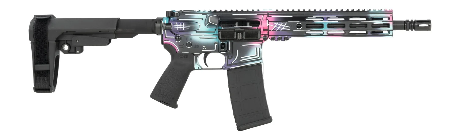 Shark Coast Tactical SCC07077DISCO-P Anime-15 Disco 5.56 NATO 30+1 10.50" Black Nitride Threaded Barrel, Aluminum Receiver w/Picatinny Rail, M-LOK Handguard, Polymer SB Tactical SBA3 Brace, Polymer Gr