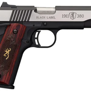 Browning 051912492 1911-380 Black Label Medallion Pro 380 ACP 8+1 4.25" Target Crown Barrel, Blackened w/Silver Polished Flats Serrated SS Slide, Matte Black Polymer Frame  w/Beavertail