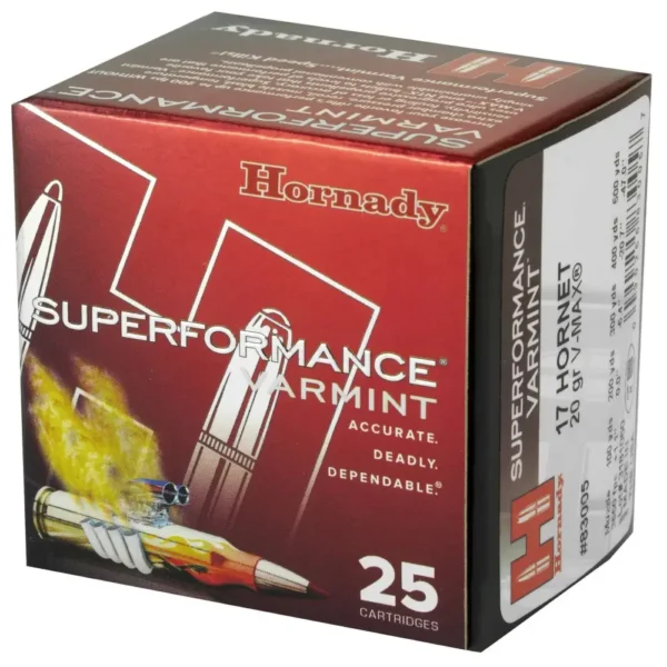 HORNADY SUPERFORMANCE VARMINT 17HORNET 20GR V-MAX 25RD BX 250RD CASE