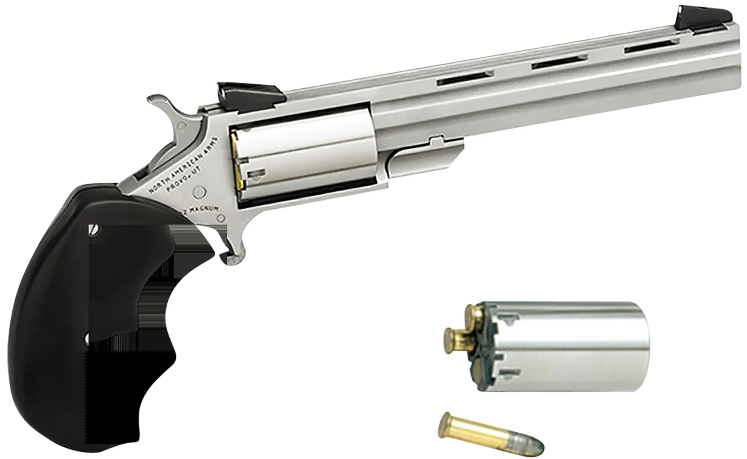 North American Arms MMC Mini-Master *CA Compliant 22 LR 22 WMR 5 Shot 4" Stainless Vent Rib Barrel, Stainless Steel Frame & Cylinder, Black Finger Grooved Rubber Grip, Exposed Hammer
