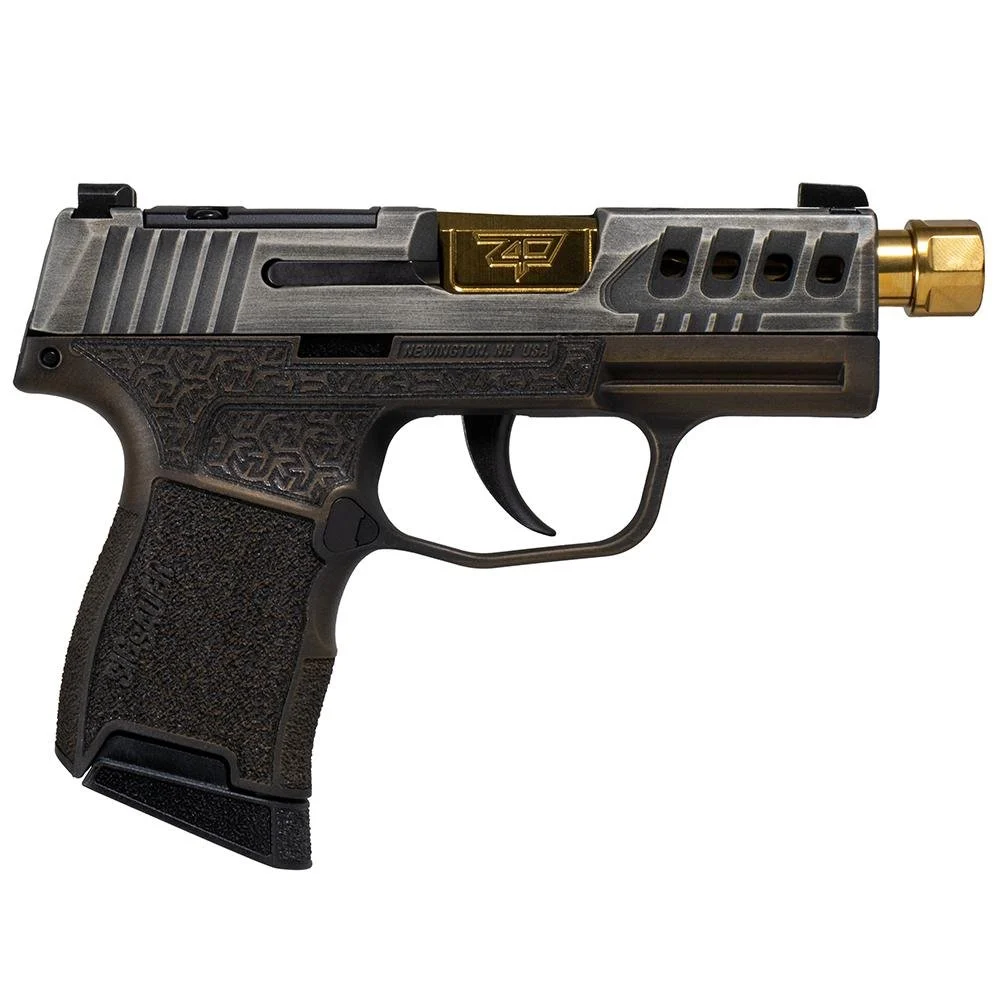 Sig Sauer P365 "Gold Bug" Handgun 9mm luger 10rd Magazines(2) 3.7" Threaded Gold Barrel Tactical Cut Distressed Grey Slide/Brown Grip Octagon Stippling