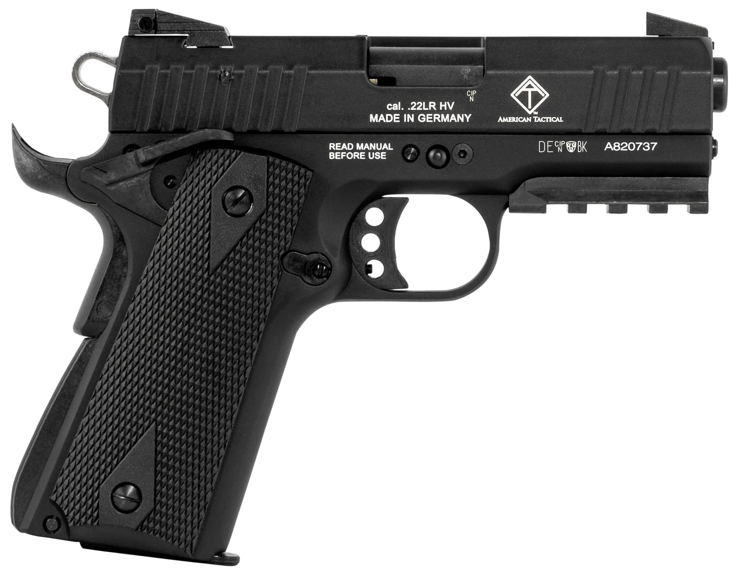 GSG GERG2210GSG9CA 922 *CA Compliant 22 LR 10+1 3.40" All Black Steel Barrel, Serrated Slide, Zinc Alloy w/Picatinny Rail & Beavertail Frame, Black Double Diamond Polymer Grip