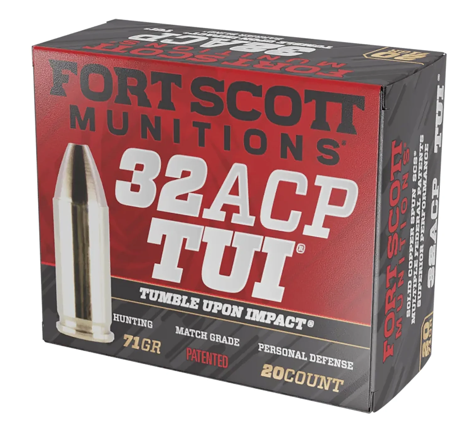 Fort Scott Munitions 32ACP71SCV Tumble Upon Impact (TUI) 32ACP 71gr Solid Copper Spun 20 Per Box/25 Case