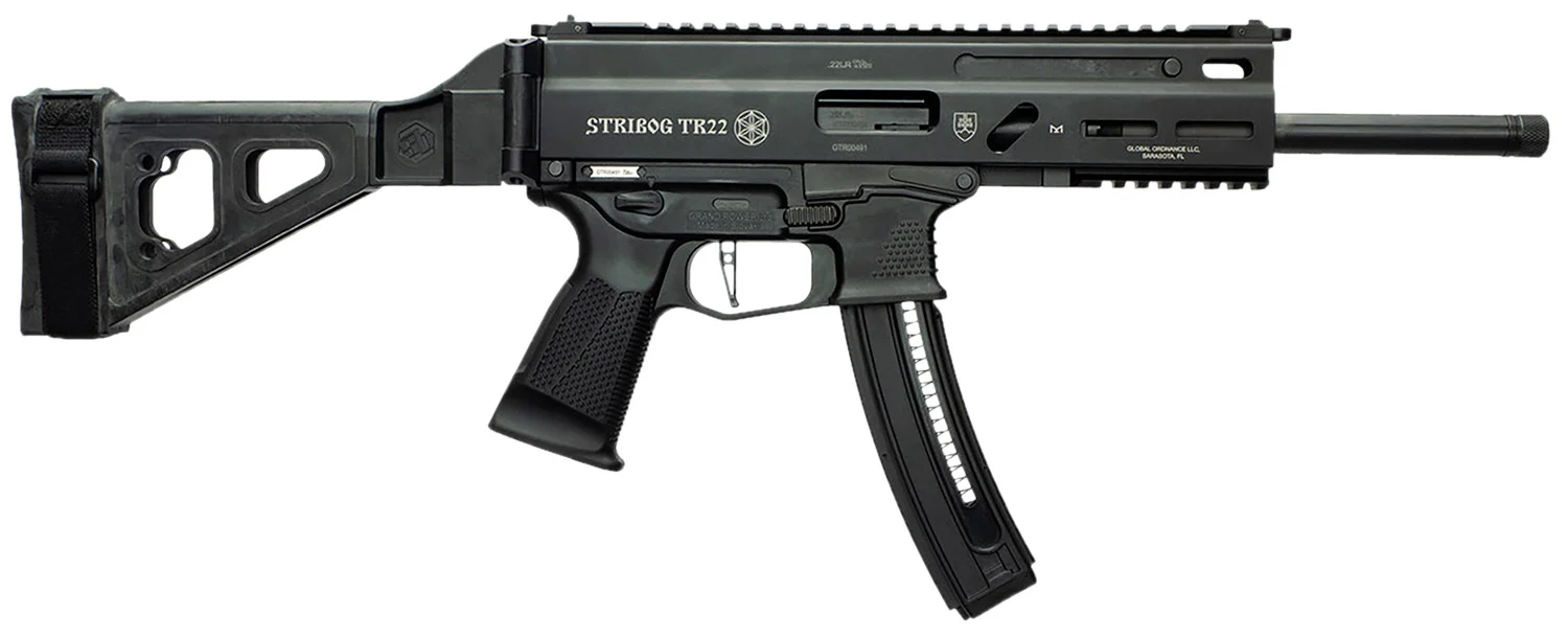 Grand Power 197892004817 TR22 Stribog 22 LR 25+1 10" Black Threaded Barrel, Black Hardcoat Anodize Receiver w/Picatinny Rail, Black SB Tactical Brace, Black Polymer Grip, Ambidextrous