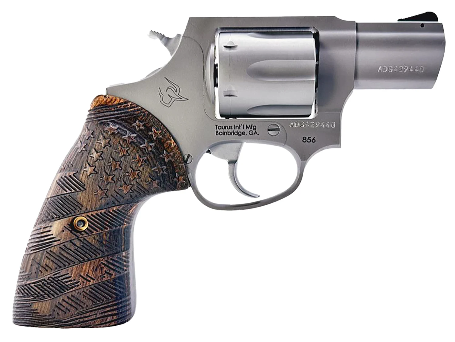Taurus 2-85629-US2 856 Small 6 Shot 2" Matte Stainless Steel Barrel & Frame, Polished Cylinder, Custom Designed Wood Grip w/Stars, Transfer Bar Safety, Exposed Hammer