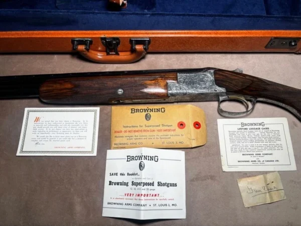 Rare 1958 Belgian Browning Superposed Grade V (Diana) 20 Gauge | Felix Funken Engraved | Original Tolex Case & Papers