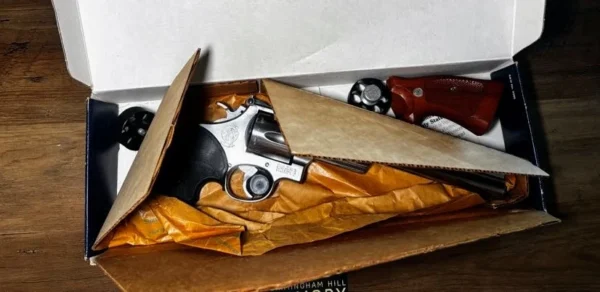 SOLD!!! 1988 Smith & Wesson Model 629-1 Stainless .44 Mag 8-3/8″ | Original Factory Box & Paperwork | Leather Shoulder Holster | Wood & Pachmayr Grips | Speedloaders