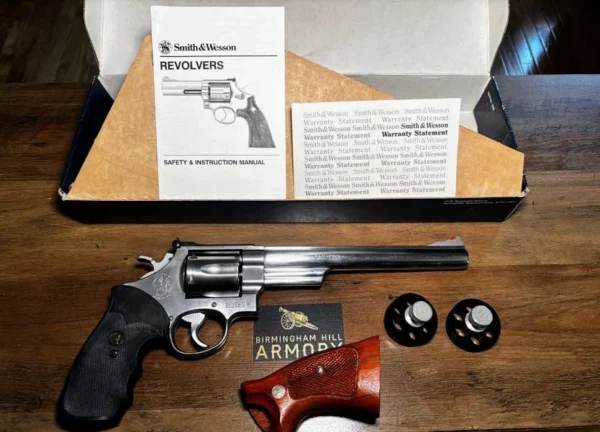 SOLD!!! 1988 Smith & Wesson Model 629-1 Stainless .44 Mag 8-3/8″ | Original Factory Box & Paperwork | Leather Shoulder Holster | Wood & Pachmayr Grips | Speedloaders