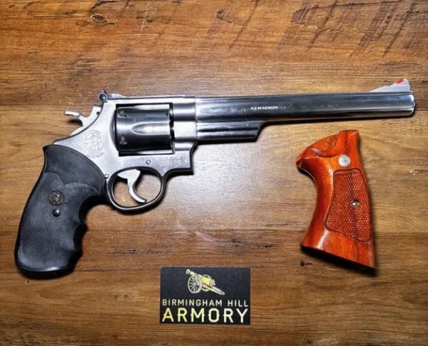 SOLD!!! 1988 Smith & Wesson Model 629-1 Stainless .44 Mag 8-3/8″ | Original Factory Box & Paperwork | Leather Shoulder Holster | Wood & Pachmayr Grips | Speedloaders